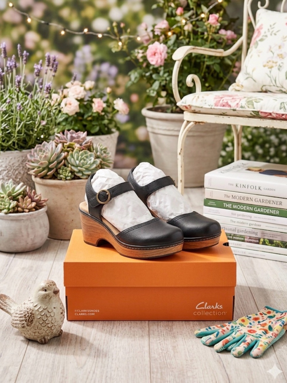 Clarks Black Leather Mary Jane Clogs with Wood-Look Heel